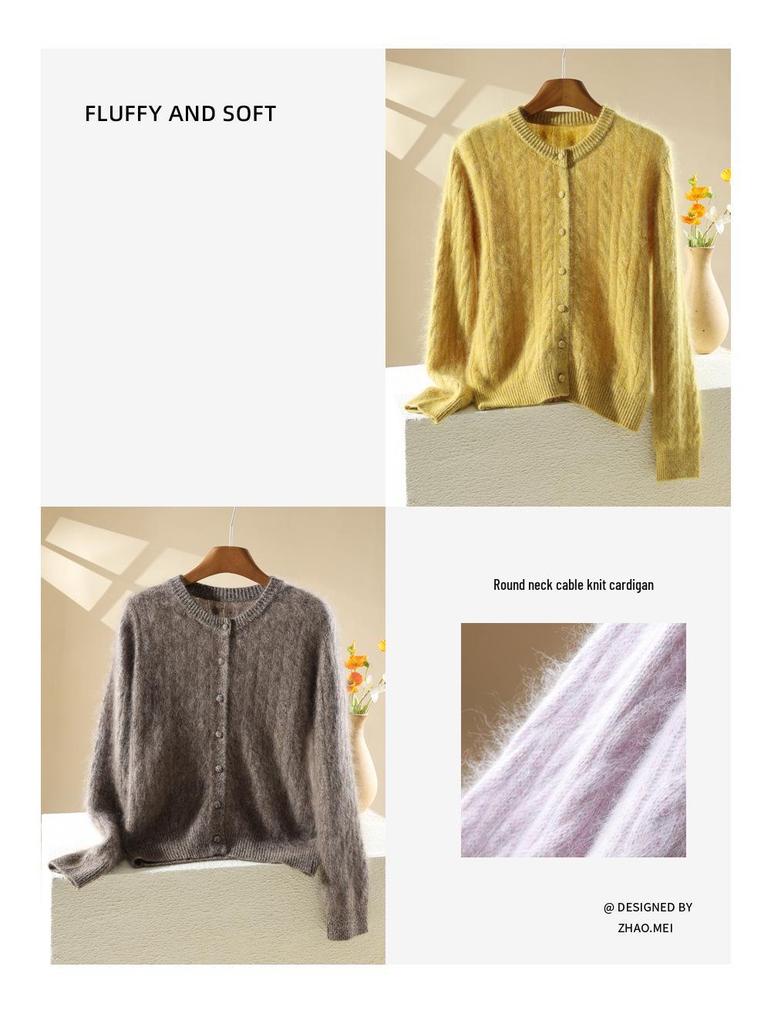 2026 Autumn/Winter Women's Cashmere Wool Cable Knit Cardigan - Long Sleeve, Round Neck Sweater Top
