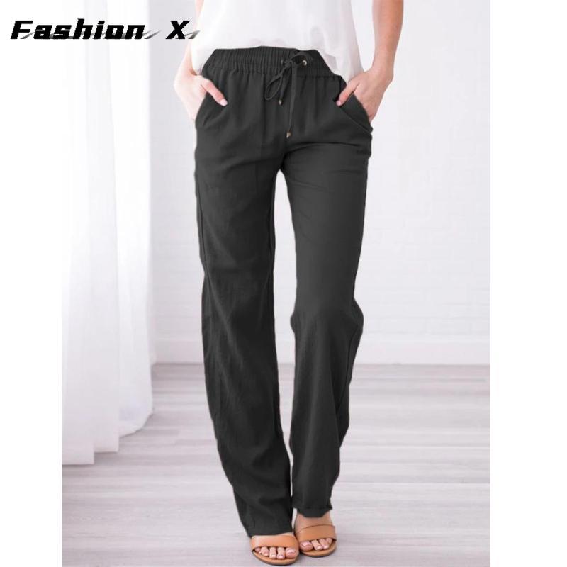 Pantaloni da donna larghi a gamba larga tinta unita cotone lino coulisse pantaloni casual