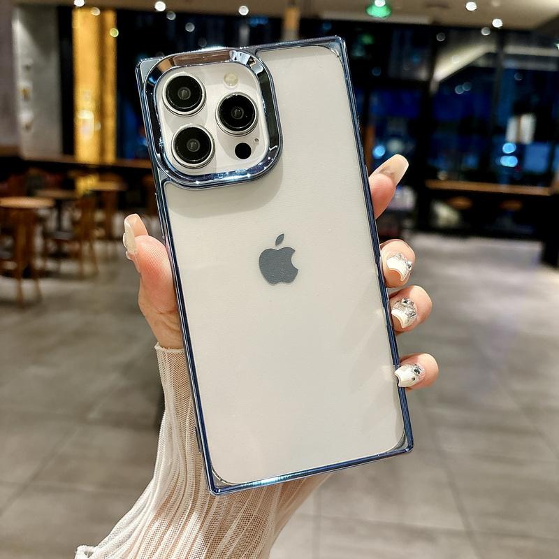 Solid Color Frame Clear Square Phone Case For iPhone 16 Pro Max 15 Pro 14 13 12 11 Shockproof Transparent TPU Soft Bumper Cover