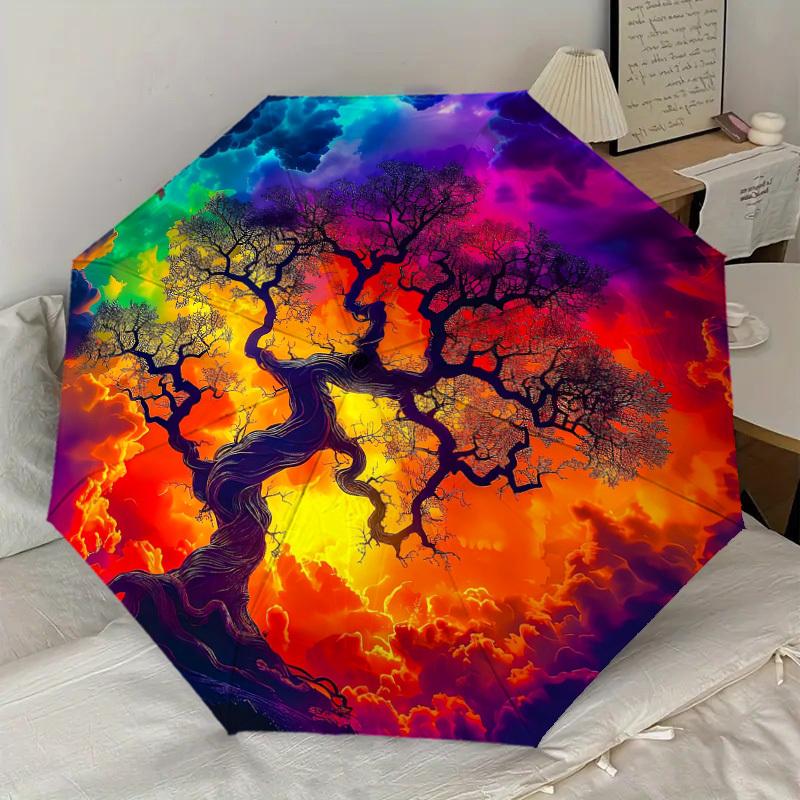 1PC Tree of Life Cosmic Art Pattern Small Travel Automatic Folding Umbrella, Compact Windproof Umbrella, Automatic Open/Close ,Gift-091533