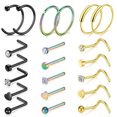 Vogue New Square Round Heart 5Pcs/21Pcs Set Fashion Hot Stainless Steel Nose Piercings Jewelry Nose Stud Set