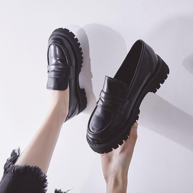 Single Shoes Women 'S New Black Platform Shoes Thick Bottom British Style Small Leather Shoes Women 'S Round Toe All -Match Women 'S Shoes