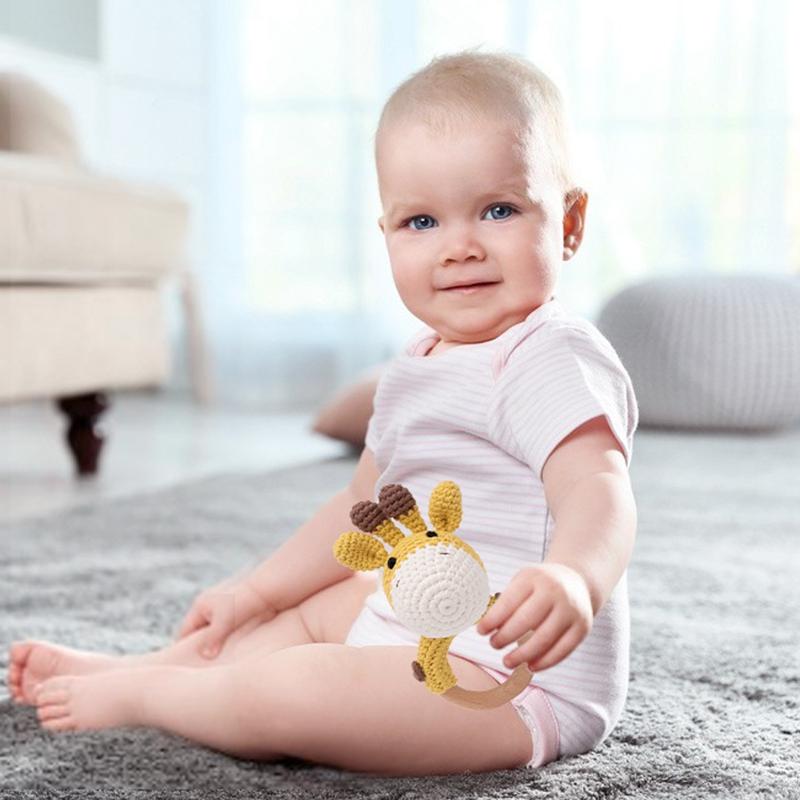 1 Stück Holz Babyrassel Schüttelspielzeug Häkel Löwe Giraffe Holz Babyrassel Beißring Montessori Neugeborenen Tierrassel Spielzeug Geschenk