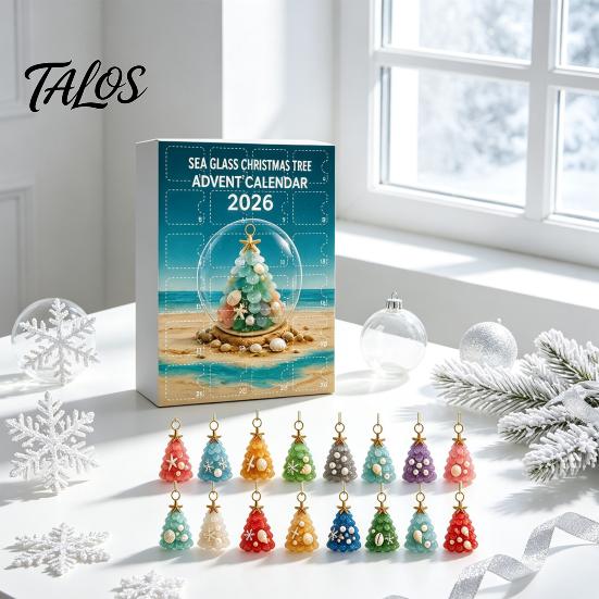 Coastal Home Holiday Ornaments 2026 Christmas Advent Calendar, Sea Glass Tree 2D Acrylic Ornament Set Aesthetic Gift Box with Hanging String,