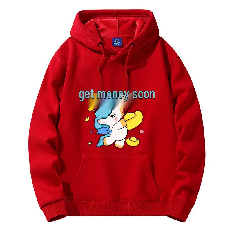 2026 Year of the Horse Red Hooded Sweatshirt - Men's Loose-Fit, Thin, Plus Size Outerwear, Class Uniform