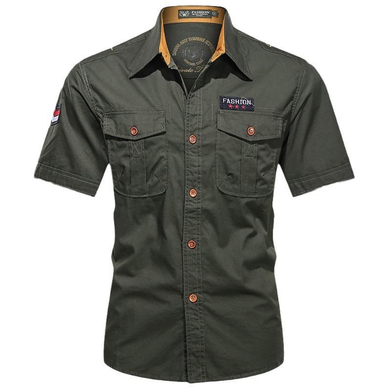 

Men s Short-sleeved Shirt Summer New Pure Cotton Medium Loose Casual Solid Color Stand Collar Multi-pocket Work Jacket for Men M