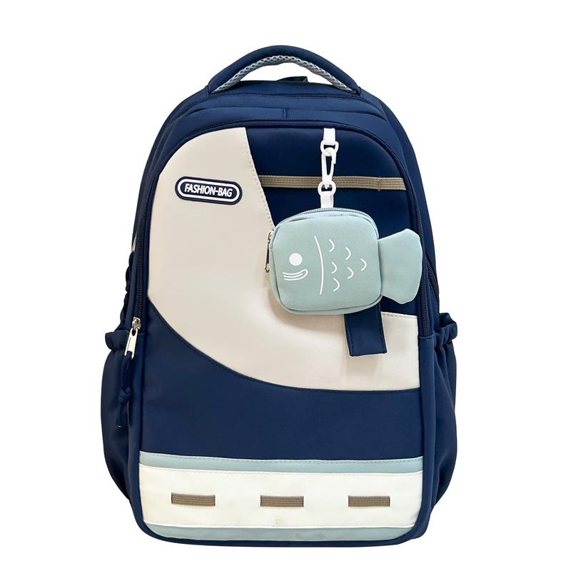 Large Capacity Color Block Student Backpack with Small Fish Pocket - Wear-Resistant Casual Design