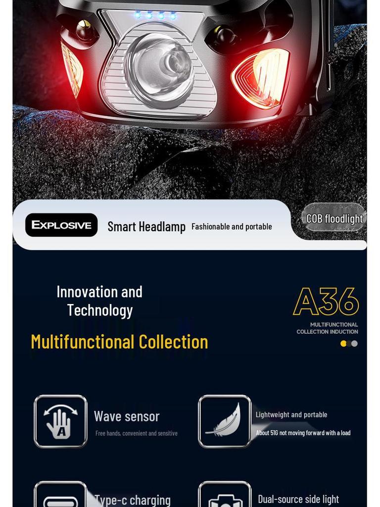 USB Rechargeable LED Headlamp with Sensor, Long Battery Life, High Brightness, Red Light Mode for Fishing, Cycling, and Outdoor Work