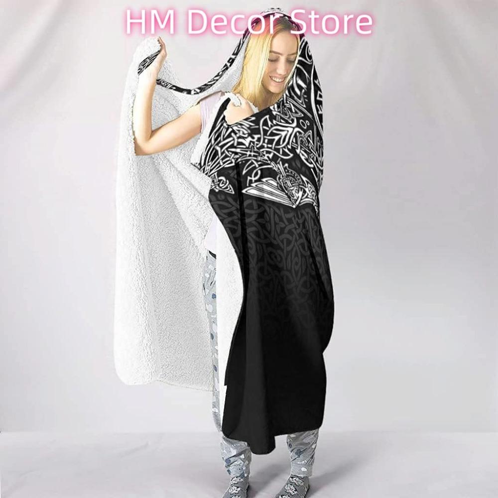 Viking Runes Hooded Warm Cozy Soft Norse Plush Fleece Wearable Blanket Throw For Women And Men (80X60In/150X200Cm)