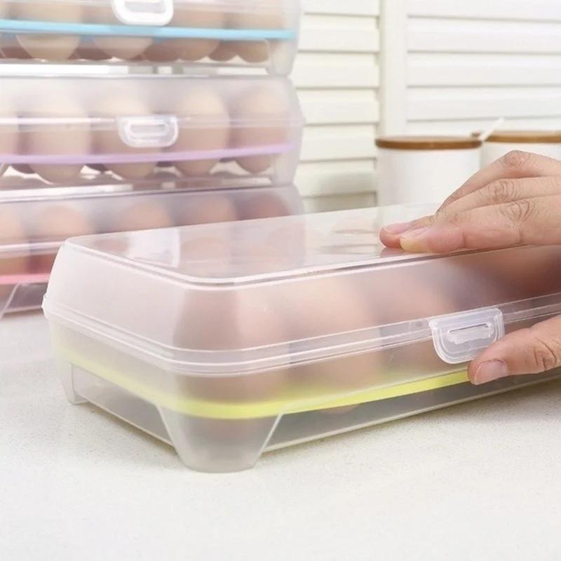 Kitchen 15 Grids Refrigerator Egg Box Stackable Plastic Fresh-keeping Box with Lid Household Food Storage Transparent Eggs Tray