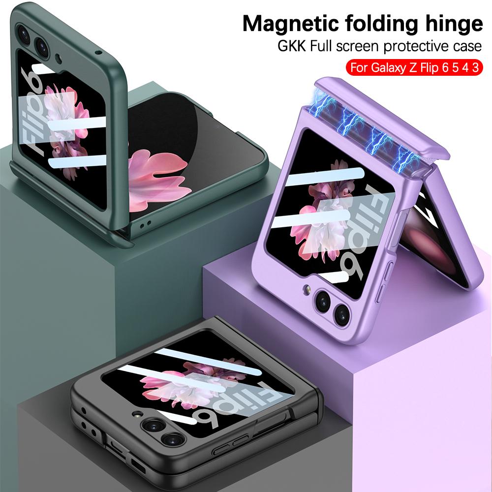 For Samsung Galaxy Z Flip 7 6 5 4 Flip7FE 5G Magnetic Hinge Protection Phone Case Outer Screen Glass Matte Shockproof Hard Cover