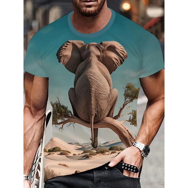 Men's 3D Elephant Print T-shirt Short Sleeved T-shirt Breathable Polyester Round Neck Casual Streetwear Top