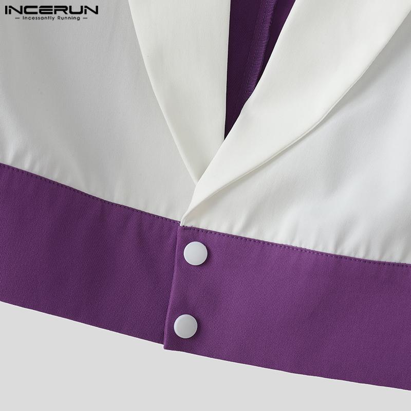 INCERUN Two Pieces Men Lapel Long Sleeve Patchwork Cropped Blazer Long Flare Pants Sets Outfits