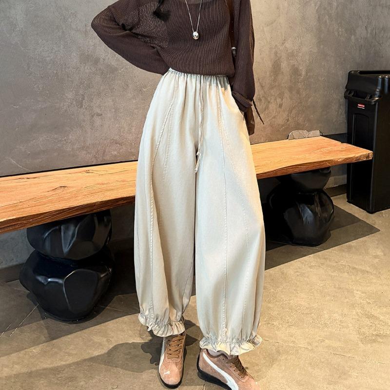 summer autumn elastic waist loose casual ruffles ankle length pants women solid color all-match trousers