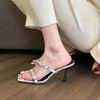 Snake Pattern One-word Buckle with High Heels Women's Summer 2025 Summer New Black Square Head Stiletto Sandals Women's Slippers