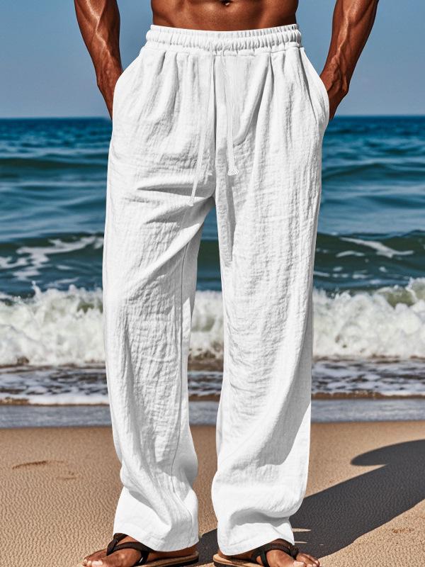 Herren Sommer Leinenhose Übergröße - Europäischer Amerikanischer Stil, Gerades Bein, Falten, Kordelzug, Schnelltrocknend.