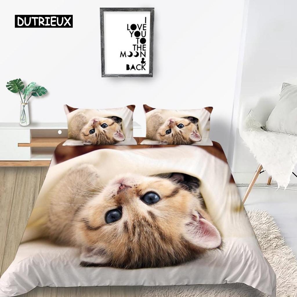 Cat Duvet Cover Set King Size Microfiber Cute Animal Print Girl Teen Kid Comforter Cover Lovely Kitty Series Pattern Bedding Set