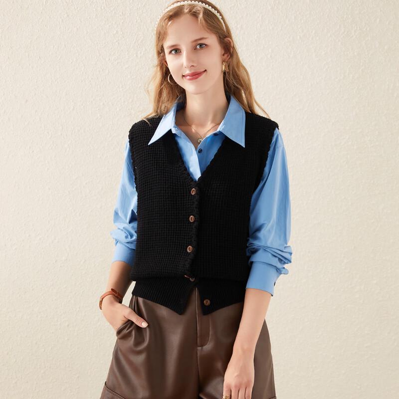 TUHUANG Women's Pure Wool V-Neck Knit Cardigan Vest