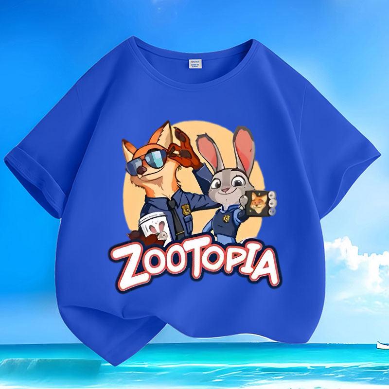 Disney Zootopia Judy Police Officer Pattern Print Versatile Casual Summer Children's Short Sleeved Trendy Round Neck Loose Top