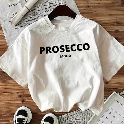 Damen T-Shirt mit Buchstabenaufdruck, lässiges Rundhals-Kurzarm-Oberteil, 100% Strickstoff, Ganzjahres-Regular-Length-Tee