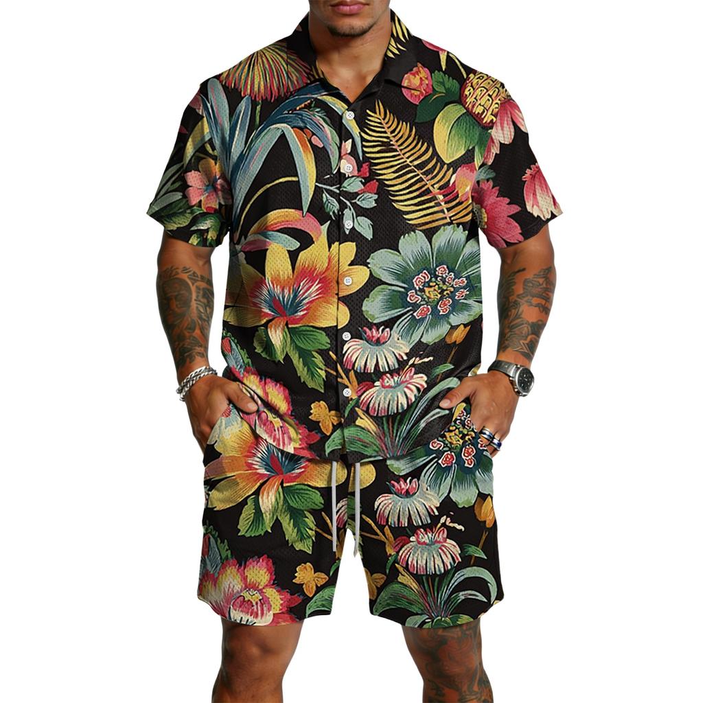 Men's Casual Print Matching Set - Lightweight Breathable Top and Drawstring Shorts 2-Piece Outfit for Summer