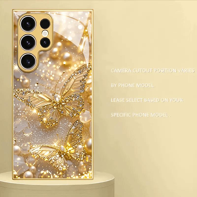 Golden Butterfly Pearl Patterned Glass Phone Case Suitable for Samsung GalaxyS26 S25 S24 S23 S22 S21 S20 FE/Ultra/Plus Anti Drop