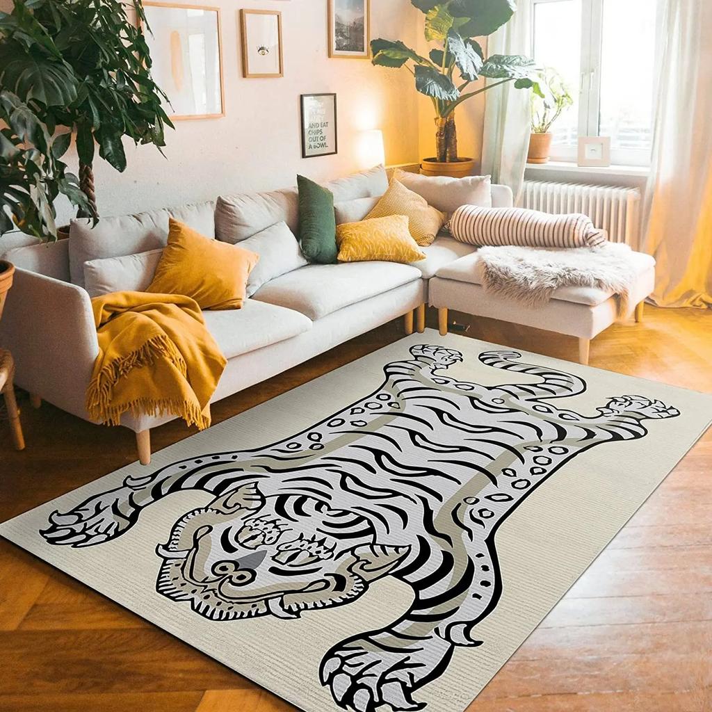 Artistic Tiger Pattern Vintage Inspired Floral Motif Decorative Border Living Room Bedroom Home Decoration Carpet Mat Rug