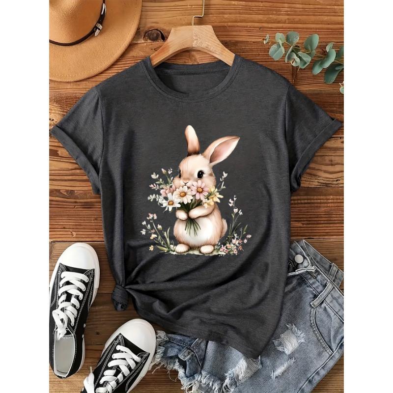 Cute Bunny and Flower Printed T-shirt, Short-sleeved Crew Neck Casual Top