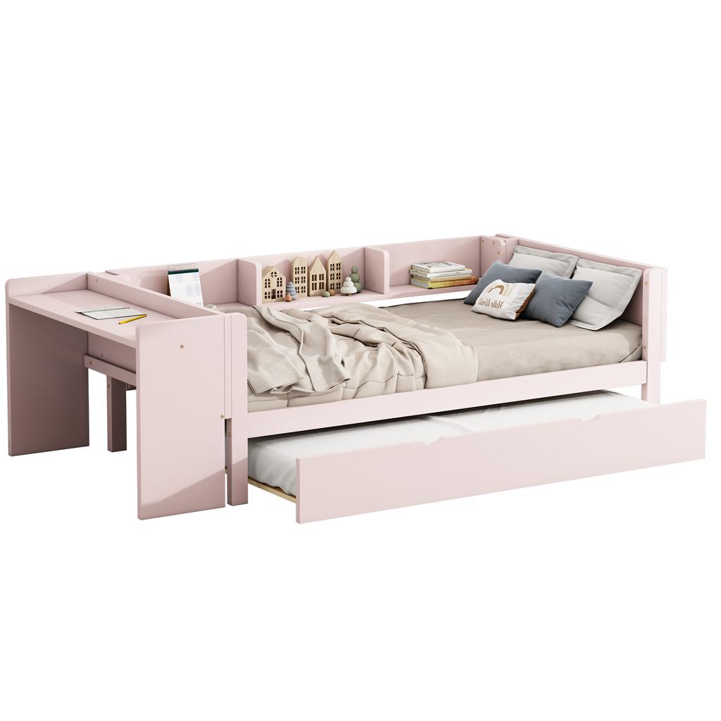 Low Bed 90*200cm, with Pull-out Bed, with Desk, Three Shelves on the Side of the Bed, Pink