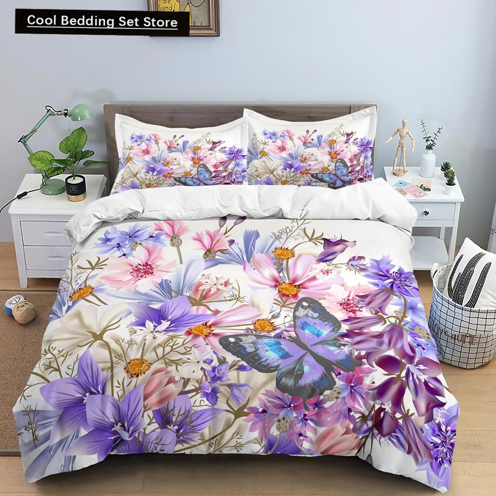 Floral King Queen Duvet Cover Fuchsia White Flower Bedding Set for Girl Women Colorful Plant Leaves 2/3pcs Polyester Quilt Cover