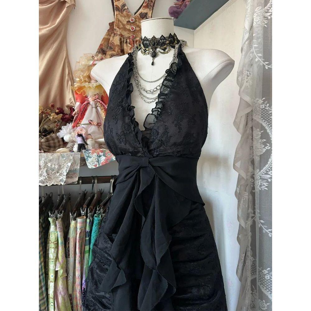 France Vintage Slim Slash Neck Sleeveless Dress Women Gothic Y2k V-neck Black Summer Dresses High Street Skinny Clothing
