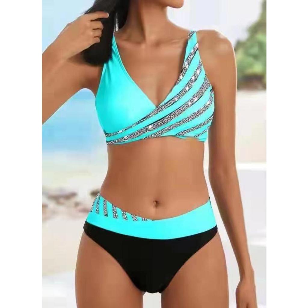 Set Bikini la Modă cu Imprimeu în Dungi, Costum de Baie Sexy din Două Piese, Costum de Baie cu Stil Fermecător