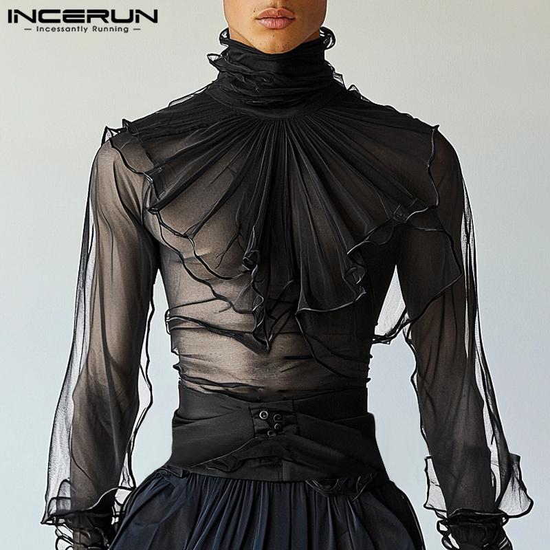 INCERUN Men Turtleneck Ruffled Layers Long Sleeve See Through Party Mesh Sheer Tops