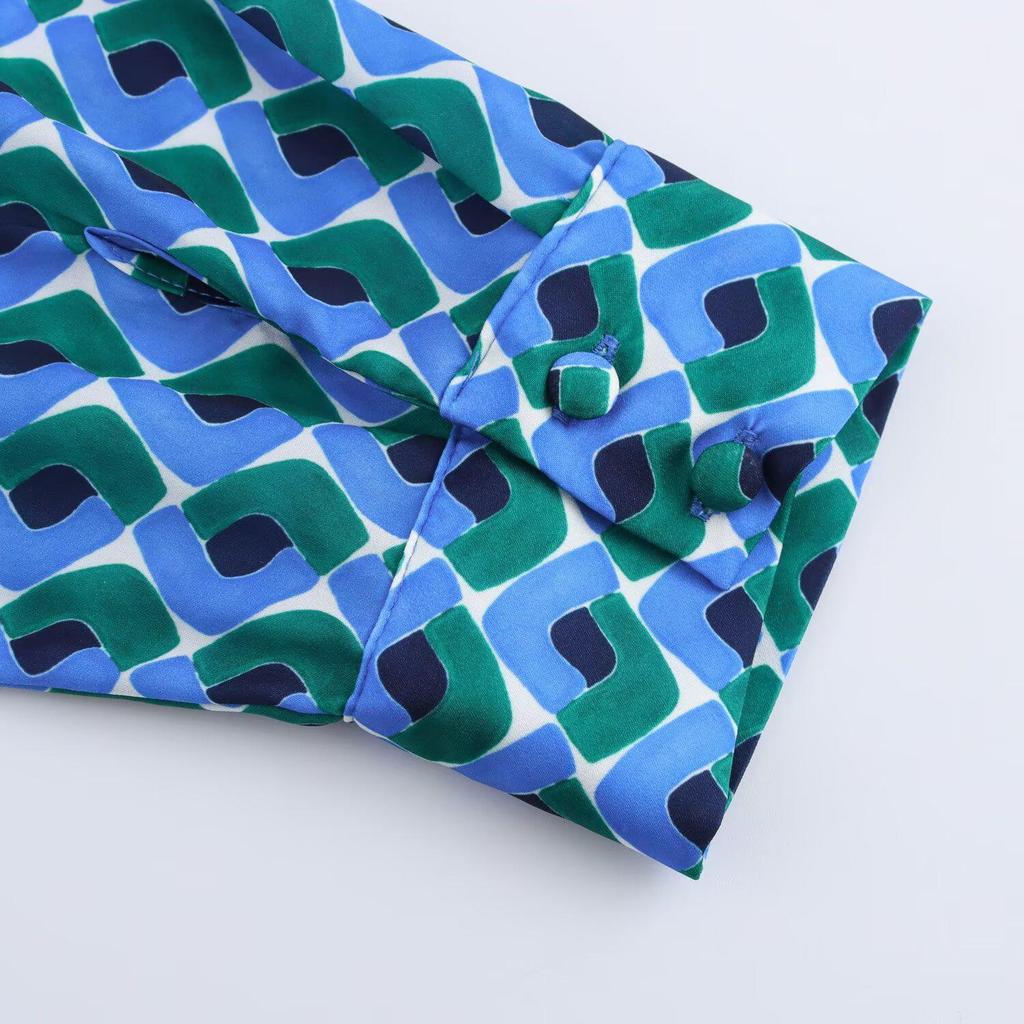 2025 Spring Women's European & American Geometric Silk Satin Shirt