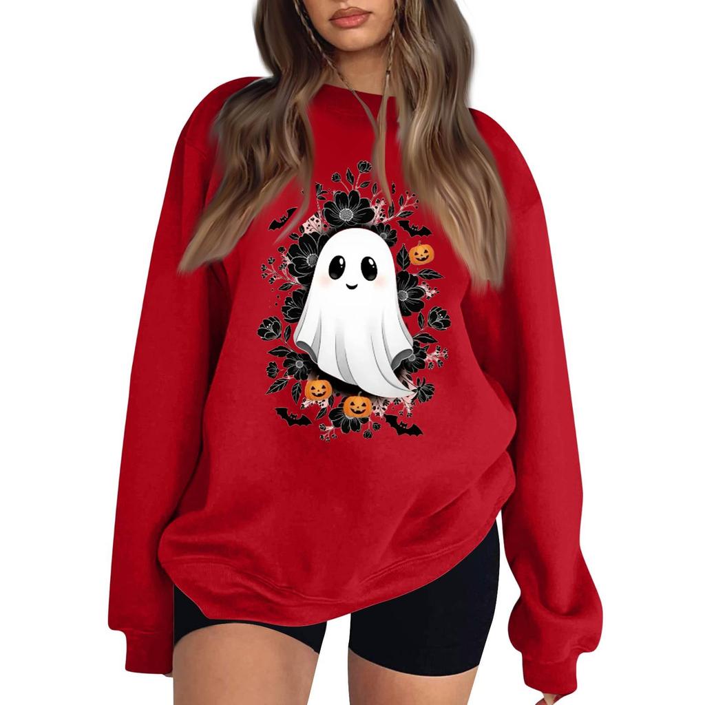 Women's Comfortable Casual Sweatshirt with Long Sleeve, Round Neck, Loose Fit, Small Halloween Print and Color Options