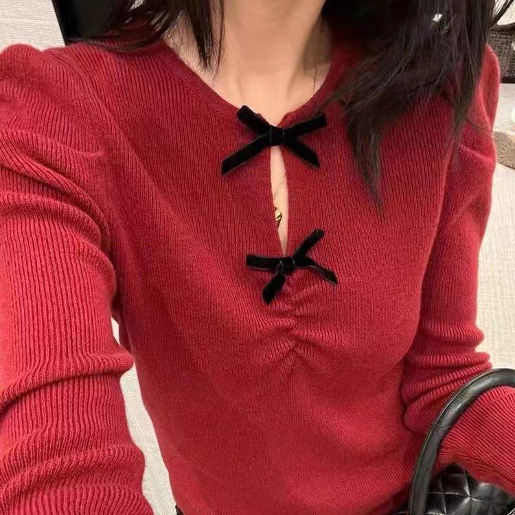 Winter Soft Slim Hollow-Out Knit Sweater with Bow Detail