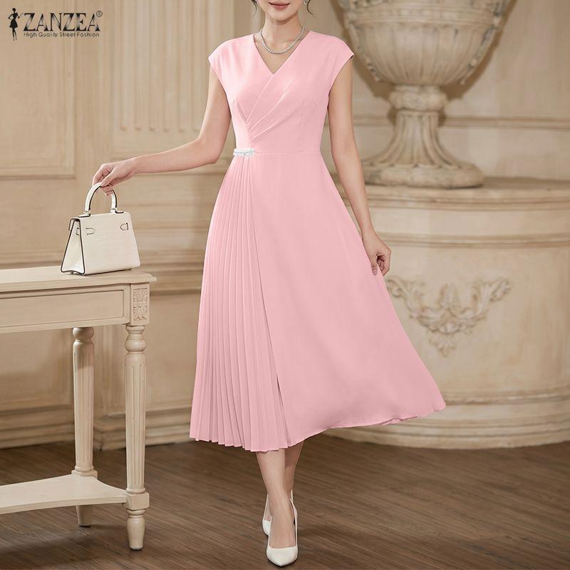 ZANZEA Women Elegant Casual V-Neck Solid Color Sleeveless Dress