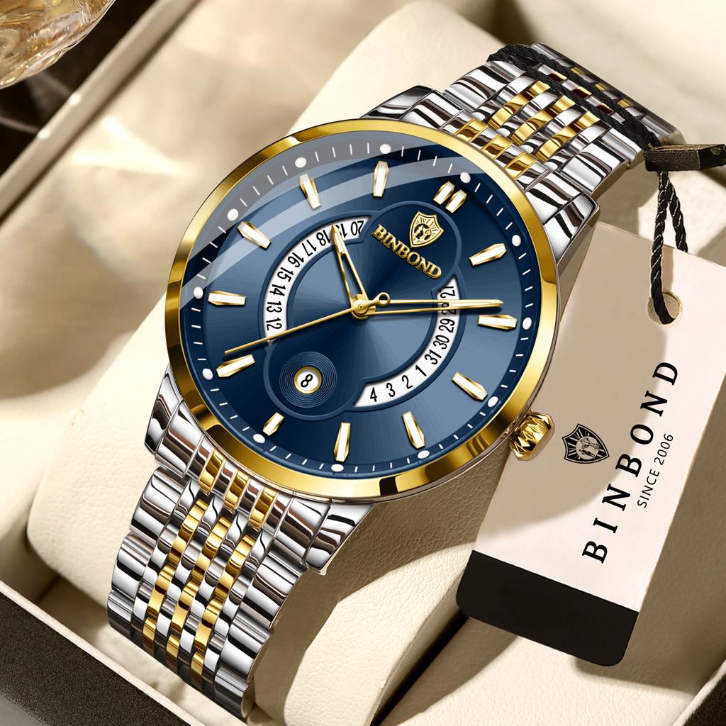 BINBOND Luminous Waterproof Reloj Auto Date Accurate Men's Watch Sturdy Stainless Steel Strap Quartz Wristwatches For Men Luxury