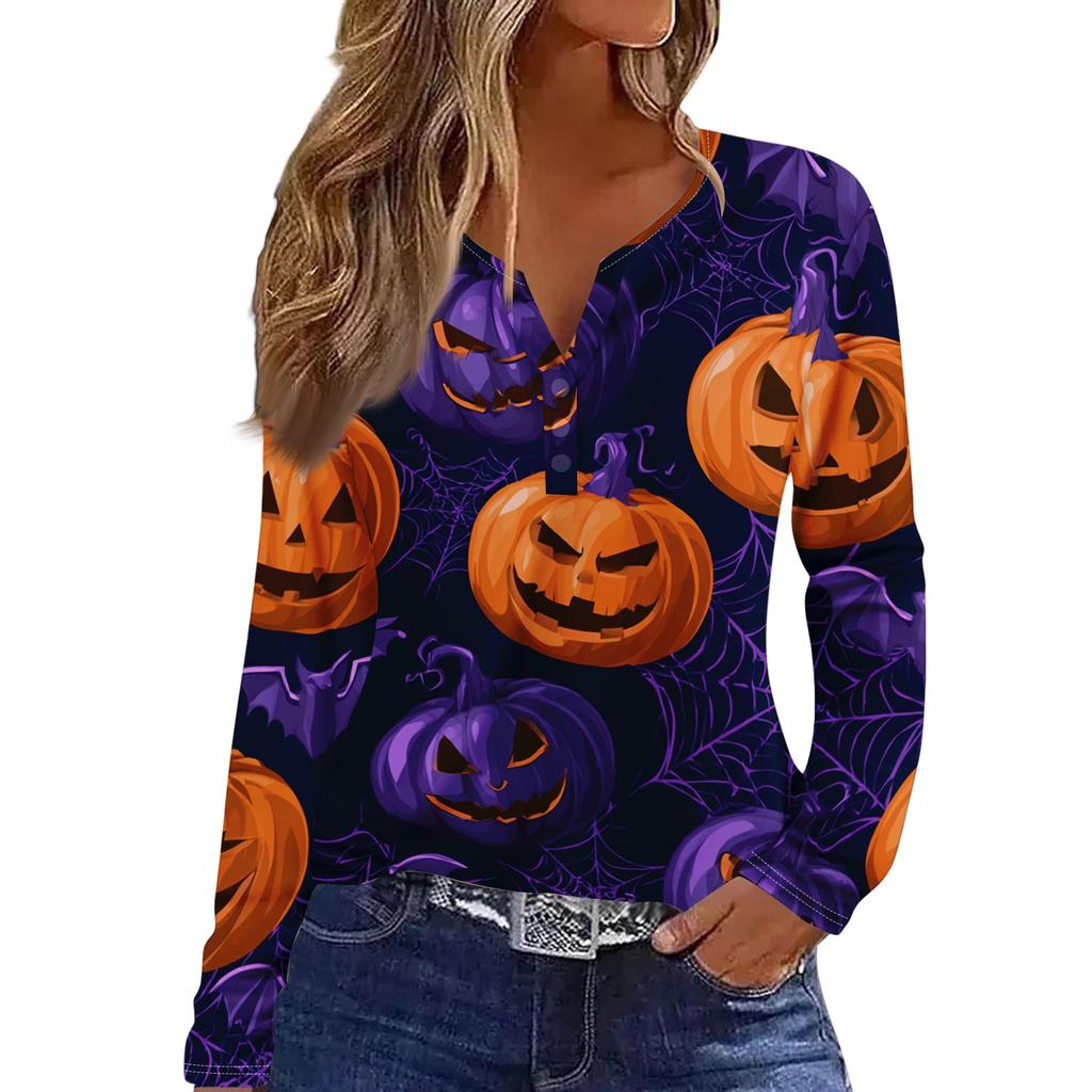 Women's Casual Long Sleeve V-Neck Halloween Print T-Shirt with Decorative Buttons