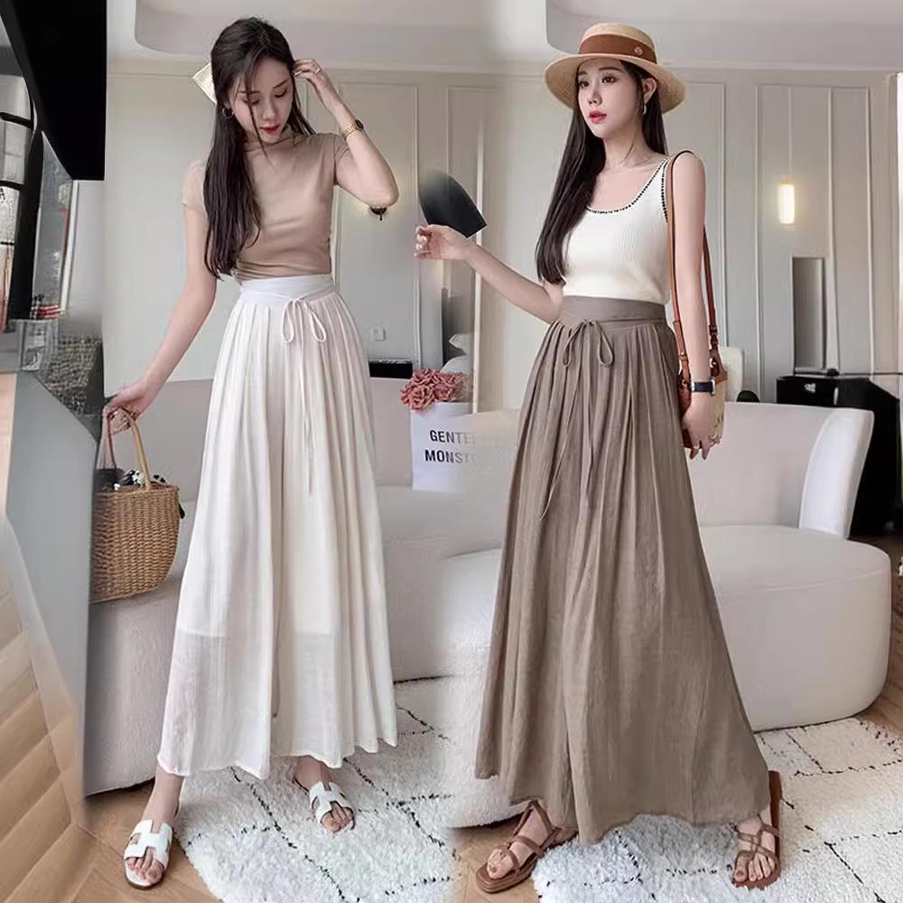 Women's Summer 2024 High-Waist Drape Pants Skirt - Ice Silk & Cotton-Linen Blend with Elastic Waist and Straps