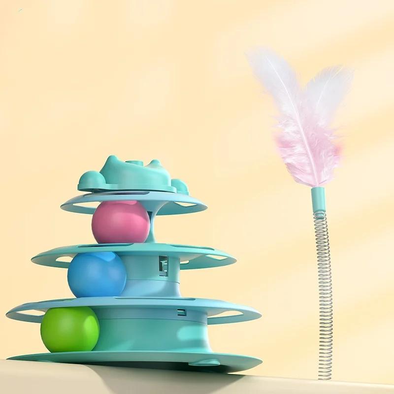 4-Layer 1pcs Feather Cat Turntable With Fun Toy Ball And Playing Stick - Interactive Toy For Cats