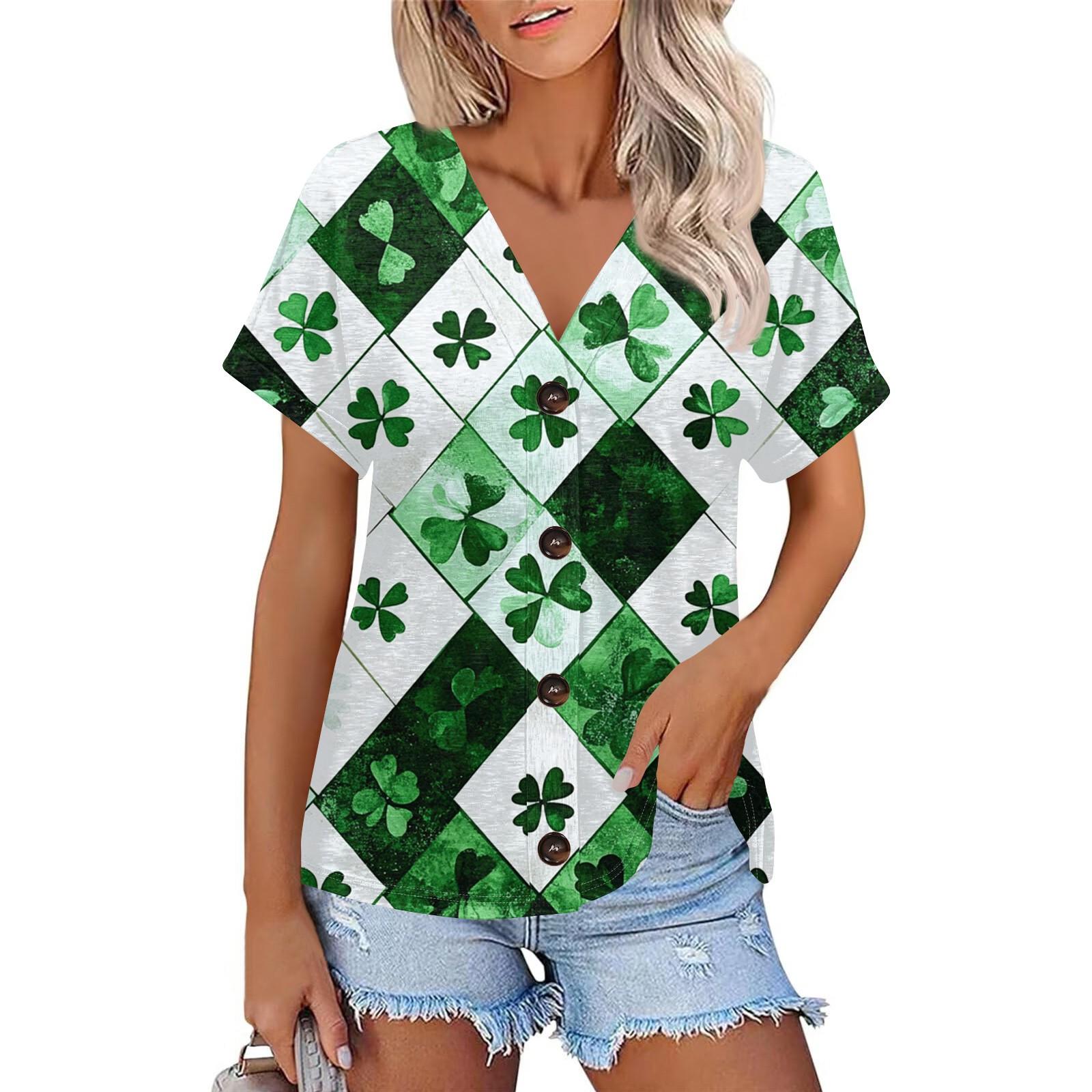 

Жіноча мода Короткий рукав V-подібний виріз St. Патрік Принт Топ Повсякденна Сорочка на Ґудзиках XL