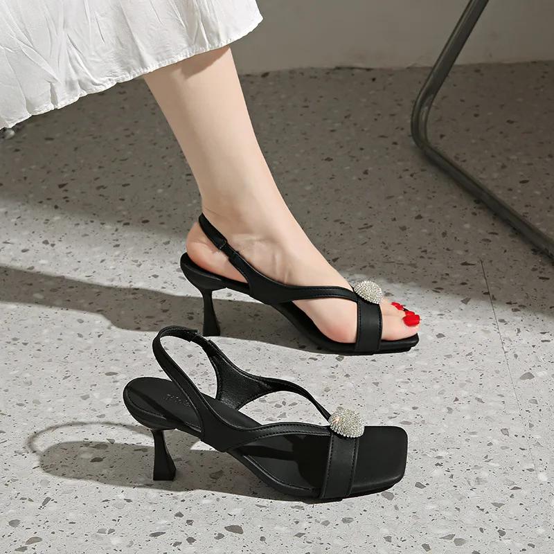 Women's High Heel Sandals Summer New Fashion Fairy Outwear Thin Heel Open Toe Rubber Bottom Square Head PU Leather