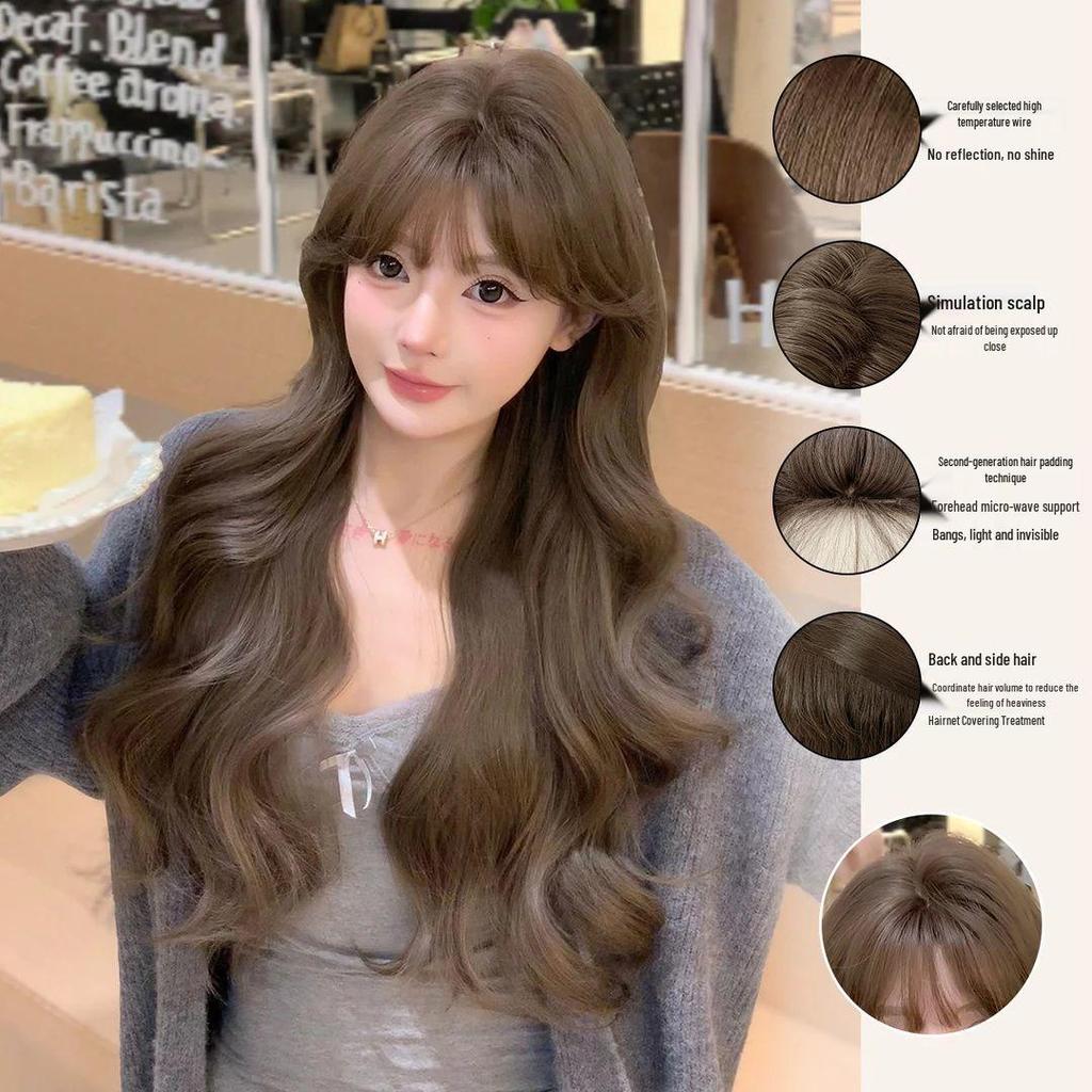 Net Sensation Tea Tea Wig: Brightening Milk Tea Gray-Brown, Korean Style with Big Waves, Elegant Face-Slimming, Realistic Full Head for Women