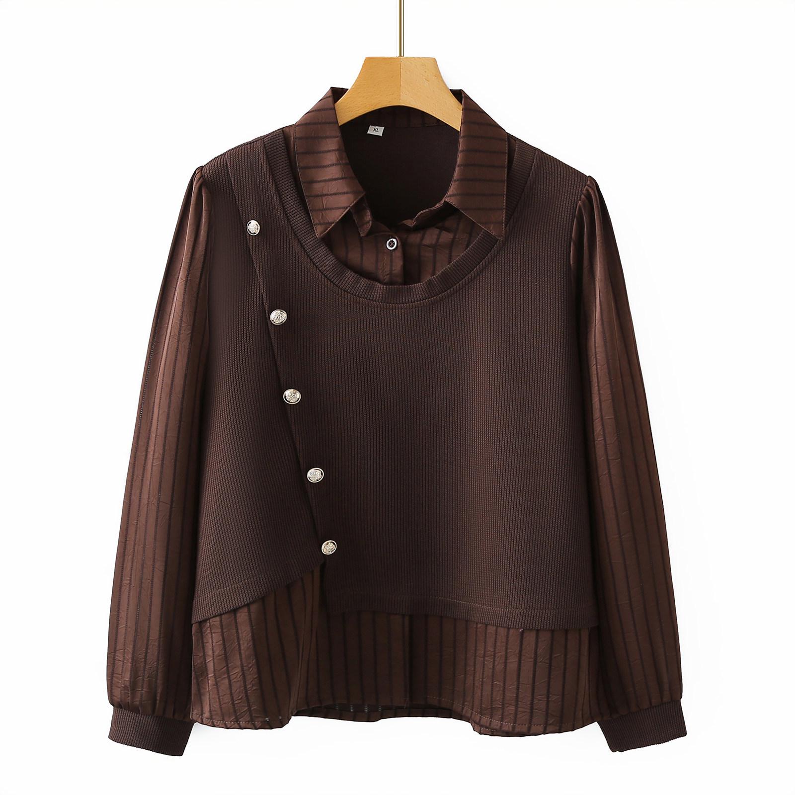

Mom s Stylish Patchwork Long-Sleeve Two-Piece Shirt for Mid-Aged Women - Spring/Autumn Collection 3XL (135-150 lbs) коричневый