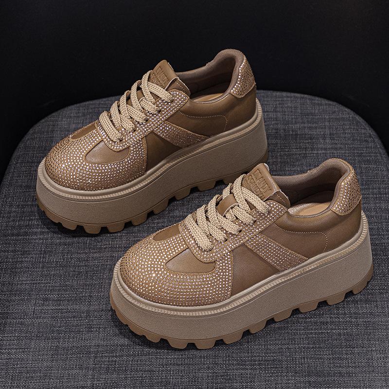 Thick-soled heightening German training shoes women's 2025 autumn models retro matte leather plus rhinestones casual fashion sports board shoes wome