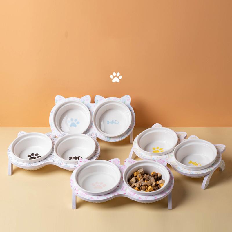3pcs/set (1pc Rack + 2pcs Bowl) Non-Slip Ceramic Double Pet Food Bowl for Cats and Dogs - Prevents Spills and Slips