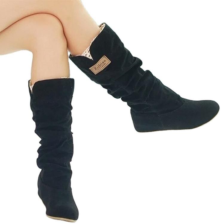 Wish Hot Sale Large Size 4 Flat Bottom Medium Boots Women's Autumn and Winter New Lace Lace Women's Boots Shoes