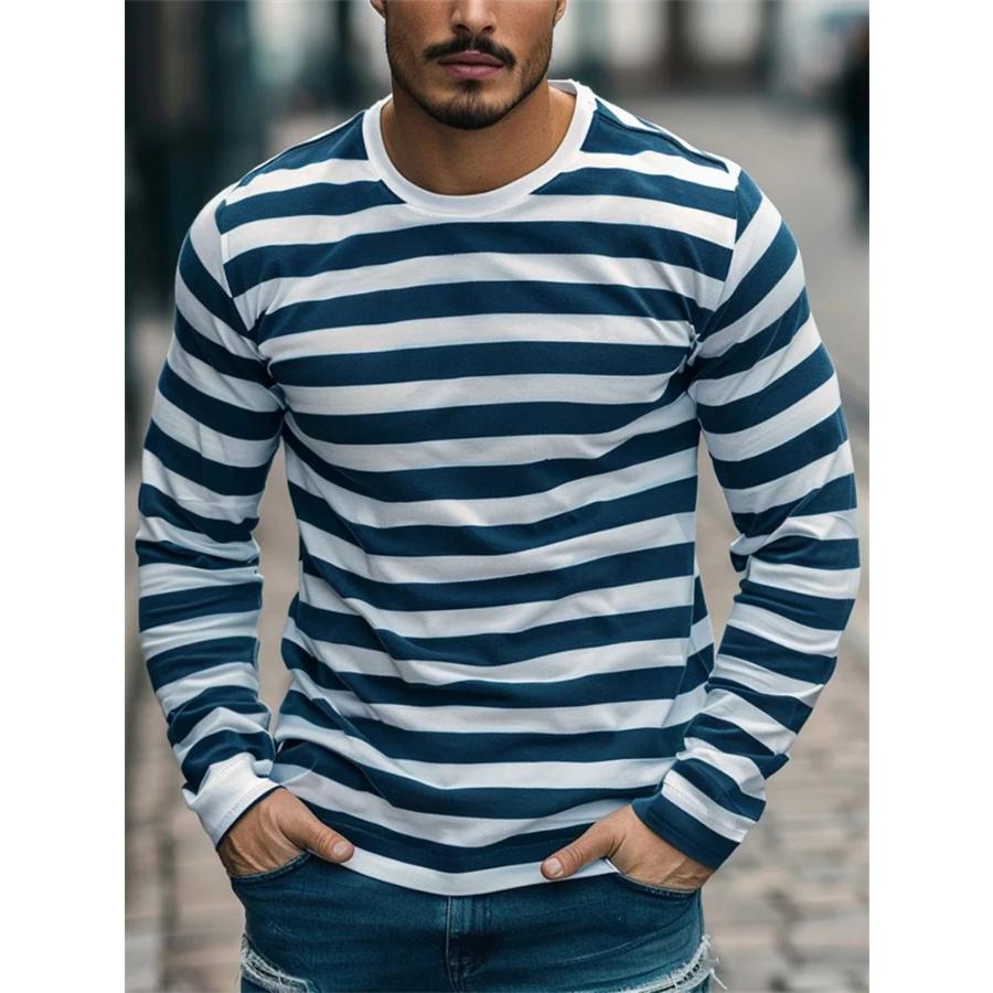 T-shirt a Maniche Lunghe Grafiche a Strisce Retro da Uomo Moda Semplice Primavera Autunno T-shirt Stampate 3D Magliette Casual Oversize