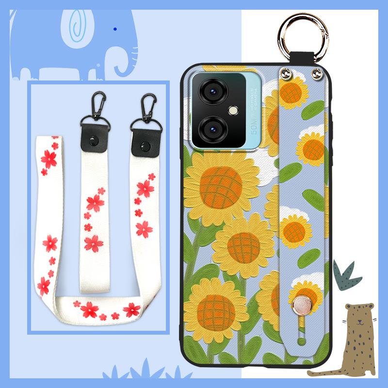 Silicone Flower Phone Case For Blackview Oscal C70 Kickstand Waterproof Dirt-resistant Shockproof Wrist Strap Durable